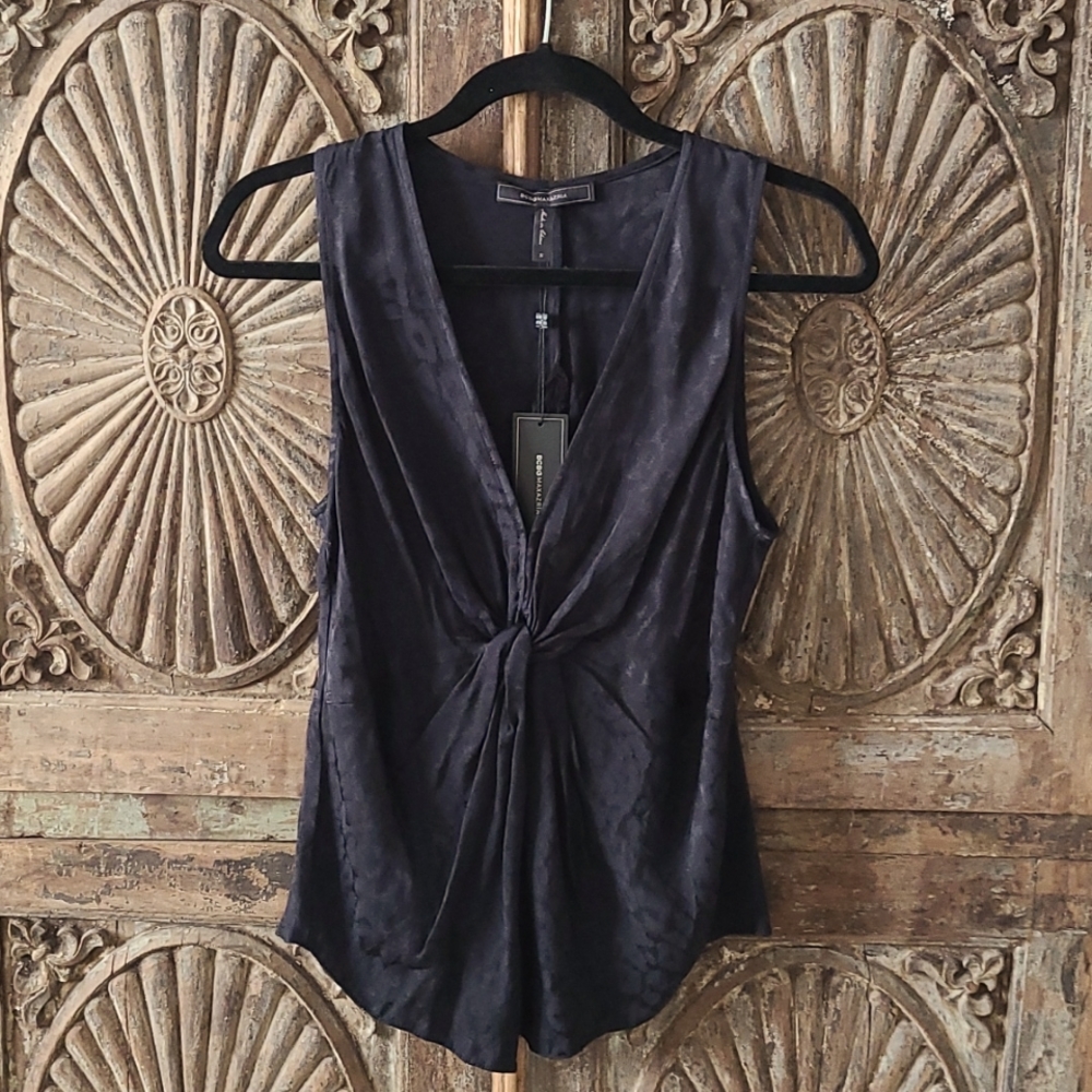 Bcbg tank top- subtle black animal print tank with a front twist